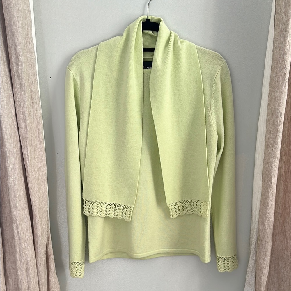 Sag Harbor Pastel Green Sweater with Detachable Scarf and Crochet Detail, Size S